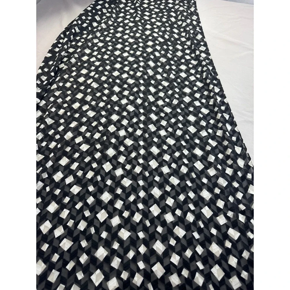 Black White Geometric Diamond Pattern Sheer Scarf with Tassel Trim Long Wrap